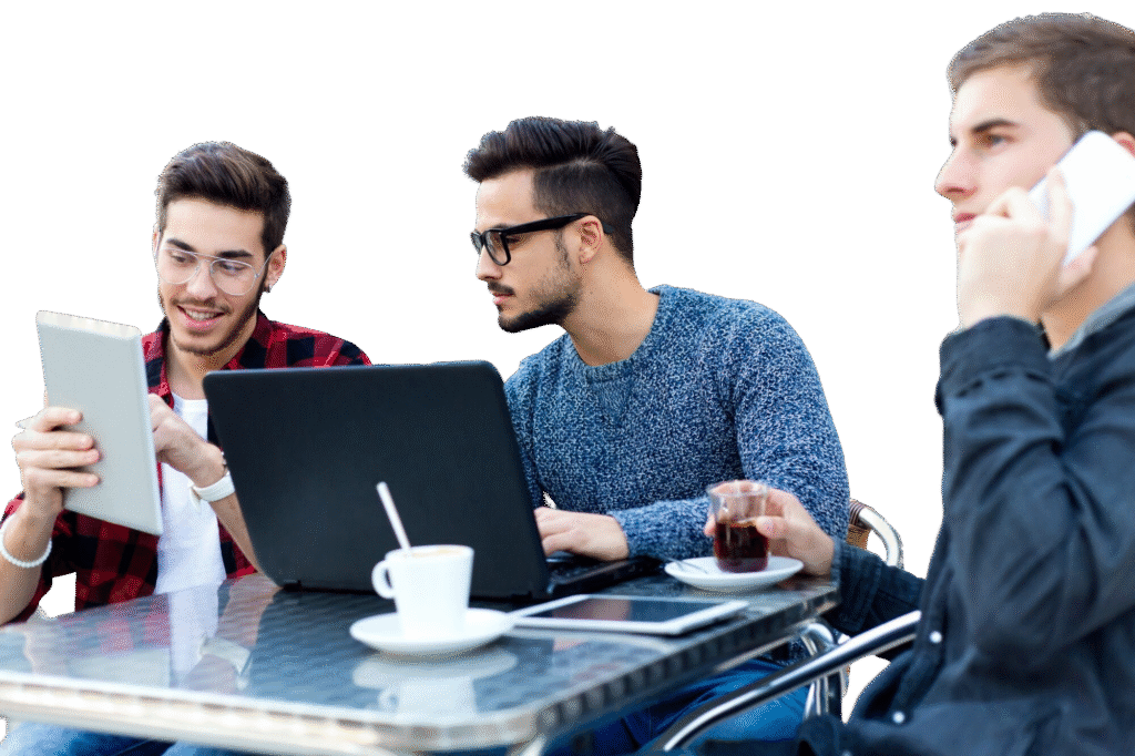 THREE OFFICE BOYS WITH DIFFFERENT POSITIONS ON WORK